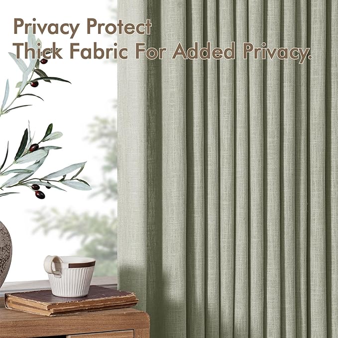 MIULEE Pinch Pleated Thick Linen Curtains 90 Inches Long 2 Panels for Living Room Bedroom, Linen Textured Memory Trained Pleat Drapes Back Tab Light Filtering Sage Green Window Curtains with Hooks