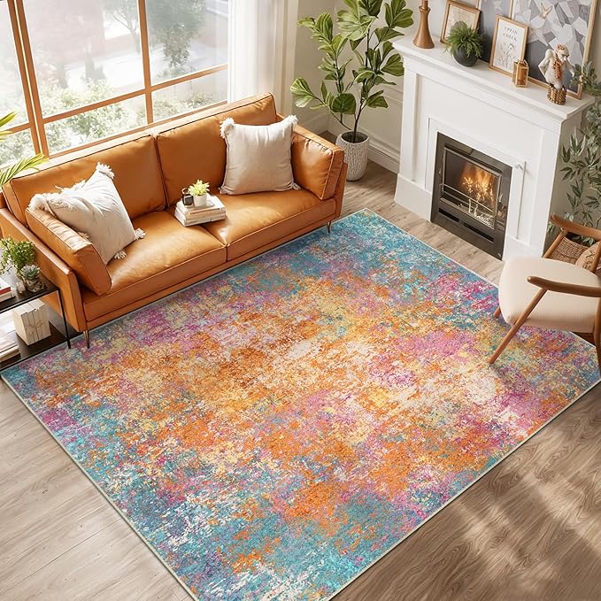 Washable Area Rugs 5'x7' Non-Slip Modern Abstract Soft for Living Room Entryway Bedroom Nursery, Print Pattern, Orange Blue Pink Yellow Colorful