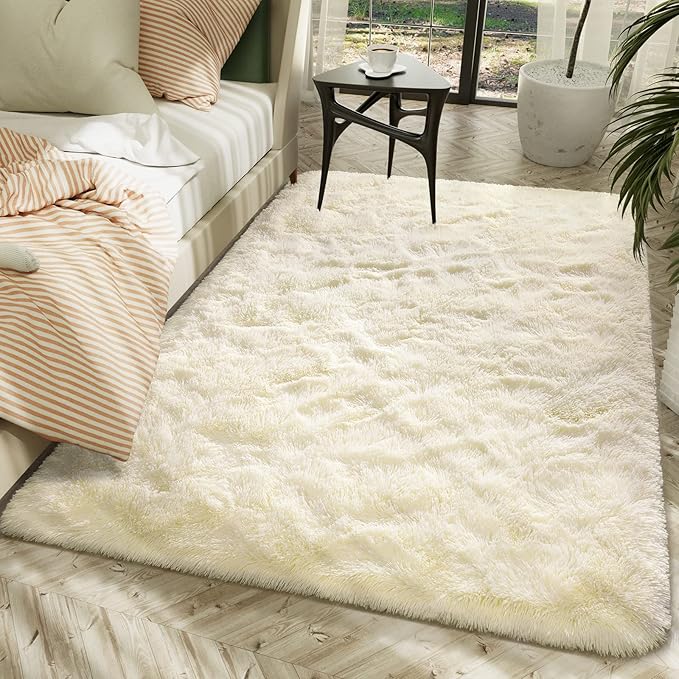 LOCHAS Ultra Soft Indoor Modern Area Rugs Fluffy Living Room Carpets for Children Bedroom Home Decor Nursery Rug 4x5.3 Feet,Light Champagne