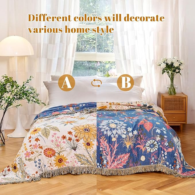 MSGKV Boho Throw Blanket for Bed 60"x80" Cotton Floral Twin Size Blanket Lightweight Farmhouse Muslin Spring Breathable Couch Blankets Home Decor All Seasons