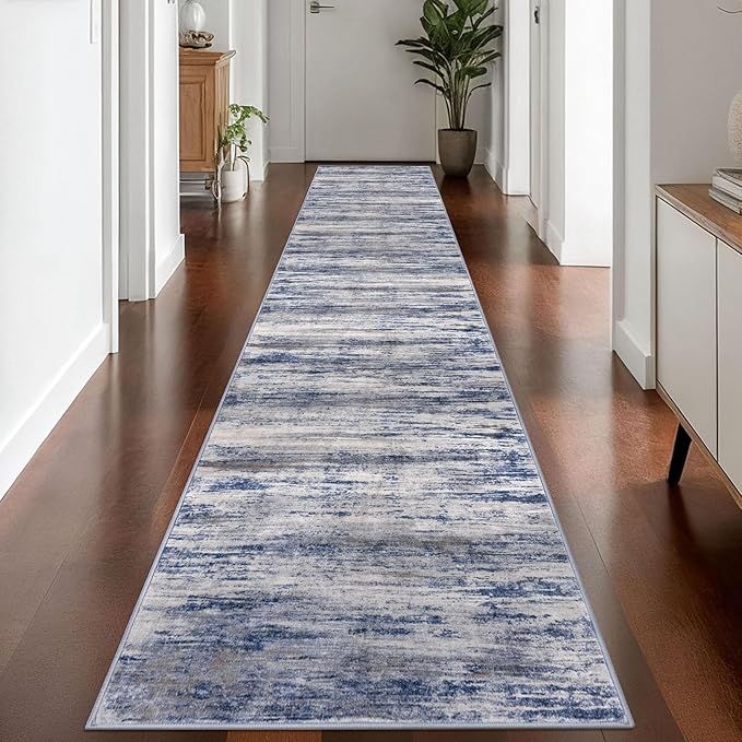 KOZYFLY Modern Abstract Washable Rug Runner 2.6x14 Hallway Rug Runner Non-Slip Soft Kitchen Runner Rugs, Grey-Blue Striped Carpet for Entryway Bathroom Laundry Room Foyer