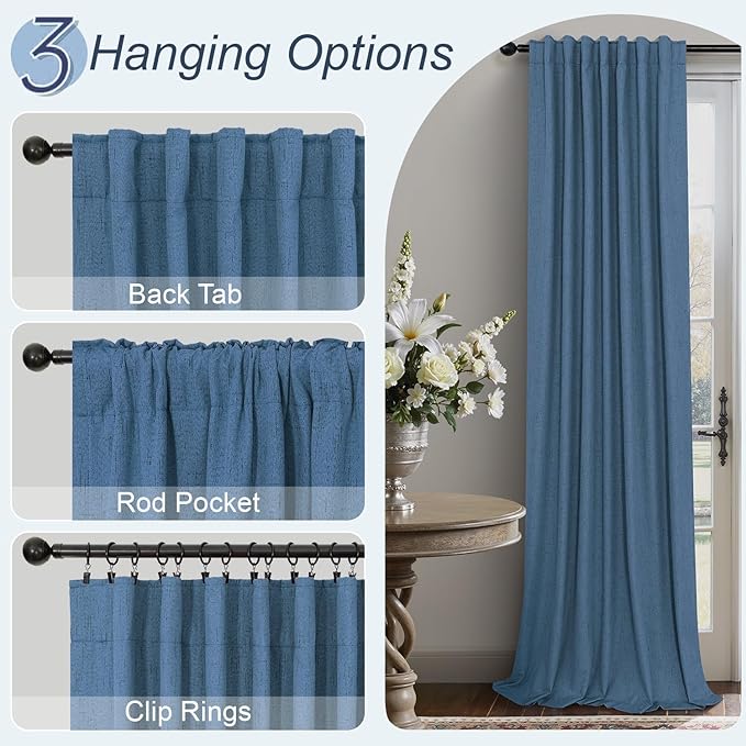 Denim Blue Back Tab Blackout Curtains 108 Inches Long 2 Panel Set Cotton Linen Textured Darkening Drapes Sound Proof Ceiling Curtain for Bedroom Living Room Divider Patio Sliding Glass Door 108 Length