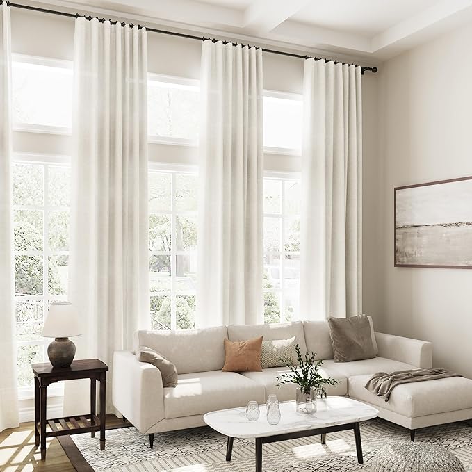 Cream Linen Curtains 126 Inches Long 2 Panels Set for Living Room Extra Long Back Tab Curtain Neutral Farmhouse Light Filtering Semi Sheer Linen Drapes Ceiling to Floor for Large Window 52x126