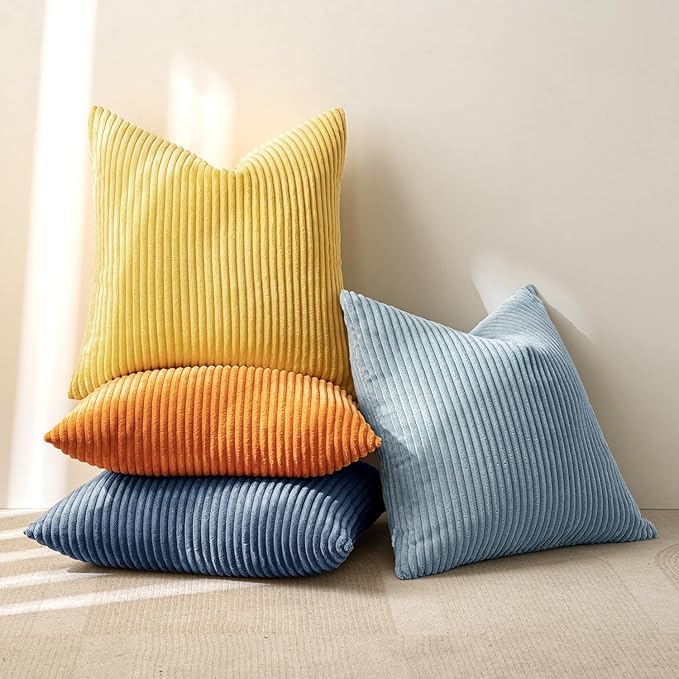 MIULEE Pack of 4 Blue-Orange Corduroy Decorative Throw Pillow Covers 18x18 Inch Soft Boho Striped Pillow Covers Modern Farmhouse Home Decor for Summer Sofa Living Room Couch Bed