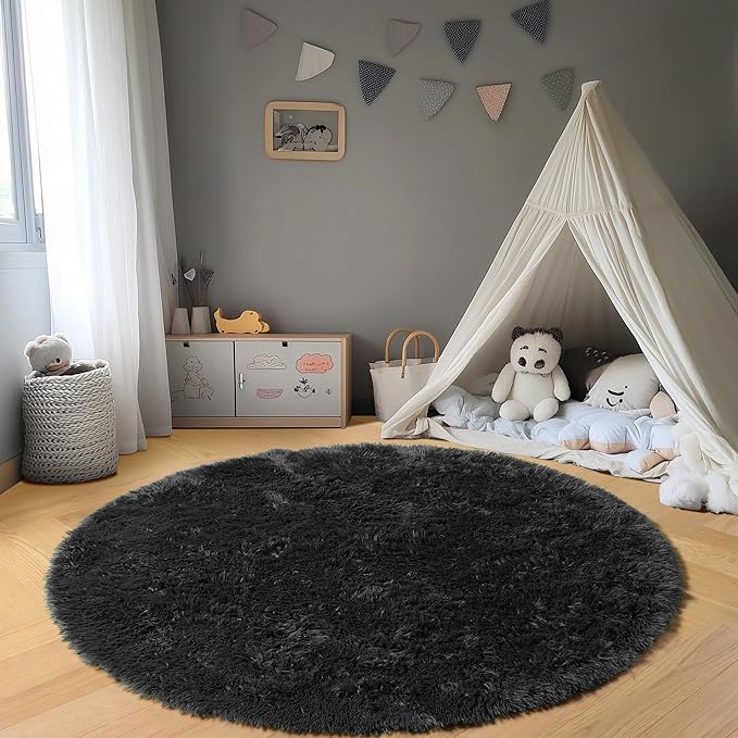 ONASAR Black Round Area Rugs 6ft, Ultra Soft Bedroom Circle Rug for Kids Girls Boys Teen Room, Fluffy Plush Shaggy Carpet Floor Mats for Baby Nursery Living Room Playroom Dorm Home Decor