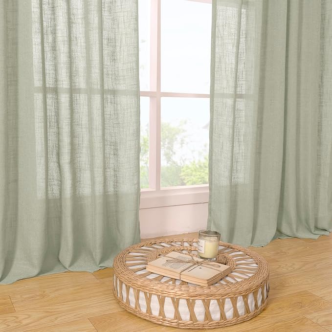 LAMIT 95 Inches Long Sage Grey Linen Curtains for Living Room, Back Tab and Rod Pocket Semi Sheer Curtains Light Filtering Farmhouse Drapes for Bedroom/Dining Room, Set of 2, 52 x 95 Inch