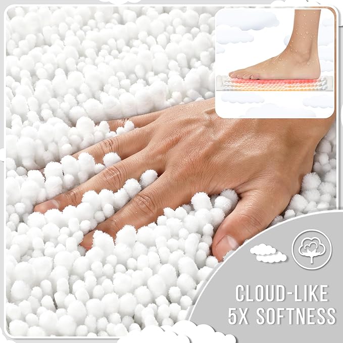 Bath Rugs 2 Piece Set Chenille Quick Dry Non Slip White