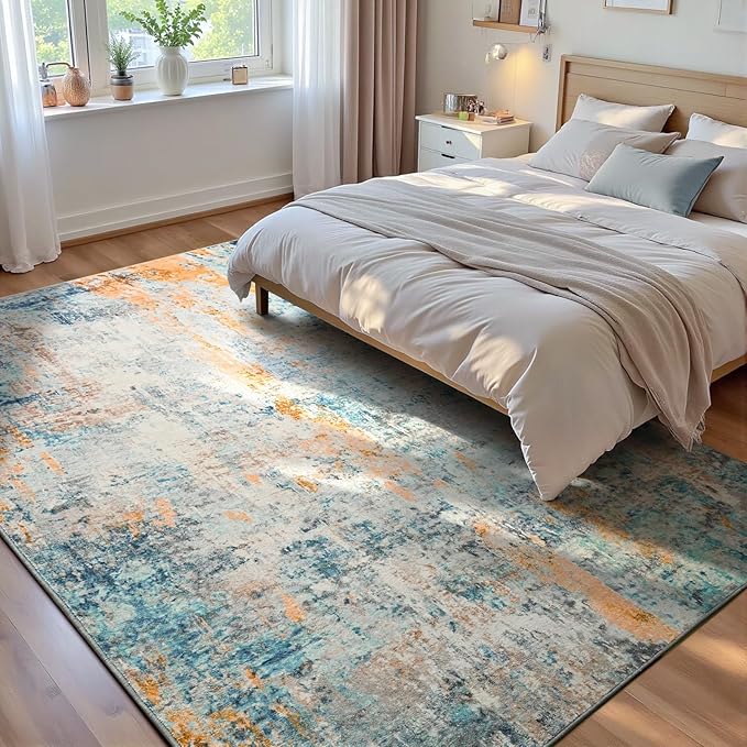 Ompaa Living Room Rug 5x7 Blue Area Rug Machine Washable Boho Rug Non Slip Abstract Vintage Indoor Large Rugs for Bedroom, Classroom, College Dorm, Farmhouse, Dining Room, Kids Playroom