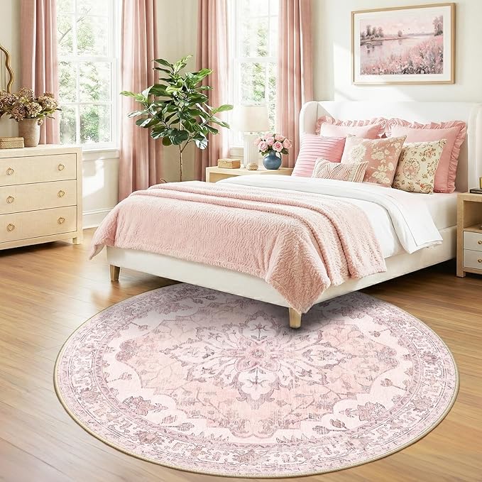 Area Rugs 7ft Washable Non-Slip, Floral Vintage Distress Print Pattern Medallion Carpet for Living Room Bedroom Dining Room, Pink Greypink Cute
