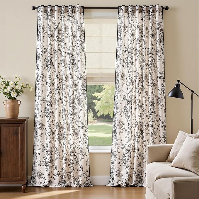 jinchan Linen Blend Floral Curtains French Country Curtain for Living Room 96 Inch Length Black Printed Curtain Rod Pocket Back Tab Farmhouse Peony Flower Patterned Drapes Window Curtains Set 2 Panels