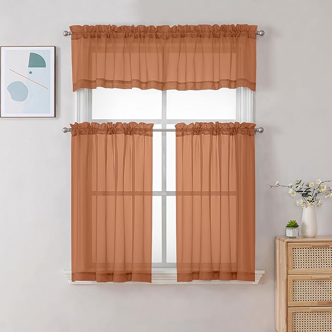 Chyhomenyc Orange Sheer Curtains 36 inch Length 2 Panels, Light Filtering Voile Rod Pocket Short Window Curtians for Bathroom Living Room Farmhouse Small Windows, 42Wx36L inches