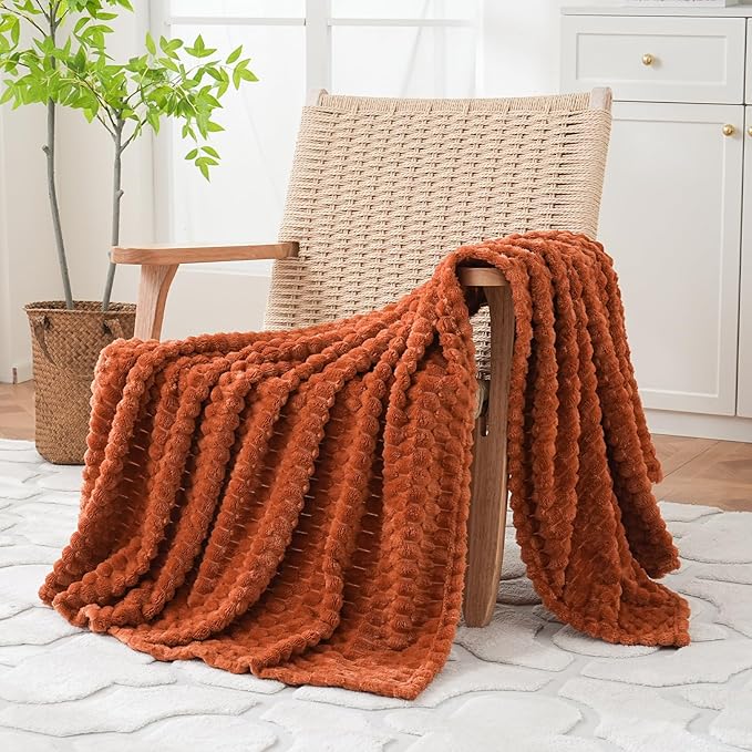 Puncuntex Burnt Orange Throw Blanket 90"×90" inches Fuzzy 3D Jacquard Decorative Flannel Fleece Super Soft Plush Cozy Blanket for Couch Sofa Chair Lightweight