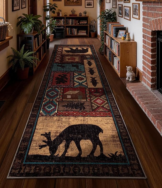 Rustic Cabin Hallway Runner Rug 2'8"x8' - Bear Washable Rug, Non-Slip Low Pile Soft Farmhouse Carpet, Southwestern Wildlife Print Floor Runner Rugs for Kitchen, Entryway, Laundry, Bedroom