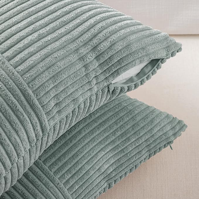Fancy Homi 2 Packs Grey Blue Lumbar Decorative Throw Pillow Covers 14x22 Inch for Living Room Couch Bed, Rustic Farmhouse Boho Home Decor, Soft Striped Corduroy Rectangle Accent Cushion Case 35x55 cm