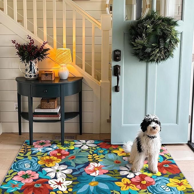 3x5 Boho Entry Rug - Small Washable Indoor Outdoor Mats for Front Door Non-Slip Porch Rug Spring Summer Colorful Floral Throw Rugs for Living Room Bedroom Entryway Kitchen Office Porch Decor