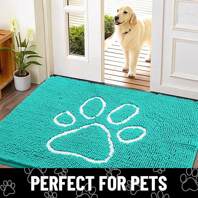Smiry Dog Door Mat for Muddy Paws, Absorbent Dirt Trapper Non Slip Quick Dry Washable Chenille Mat for Mud Dogs, Entry Rug for Indoor and Outdoor (40x32 Inches, Turquoise and White)