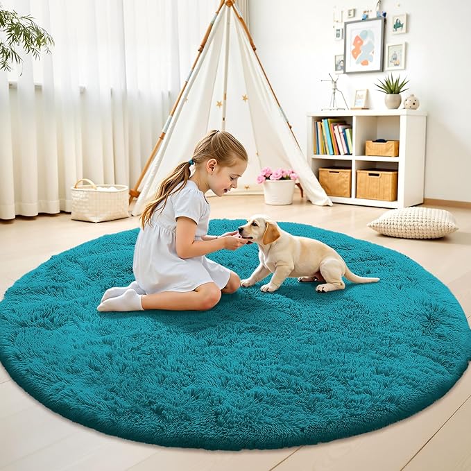 OLANLY Teal Round Rugs for Bedroom - Machine Washable, 8 ft Circle Area Rugs for Living Room, Soft and Fluffy Shaggy Carpet for Teen Girl and Boys, Nursery Rooms, Dorms, Home Decor Aesthetic