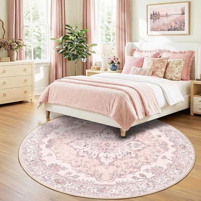 Area Rugs 8ft Washable Non-Slip, Floral Vintage Distress Print Pattern Medallion Carpet for Living Room Bedroom Dining Room, Pink Greypink Cute