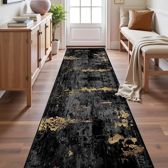 Washable Area Rugs 2'x10' Non-Slip Modern Abstract Soft for Living Room Entryway Bedroom Nursery, Print Pattern, Dark Black Gold