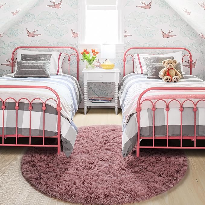 Amdrebio Blush Fluffy Round Rug 4Ft for Bedroom, Fuzzy Furry Circle Area Rugs for Kids Room Decor Aesthetic, Shaggy Circular Carpet for Girls Nursery Dorm Baby Teen, Cute Neutral Dusty Rose Mauve Rug