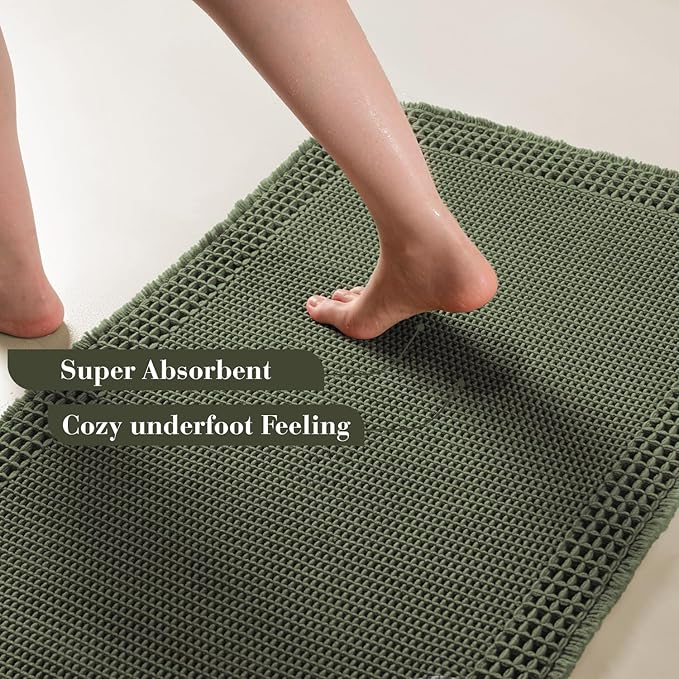 RESARE Waffle Bathroom Runner Rugs, Super Absorbent Bath Mat Non Slip Washable Quick Dry, Upgraded Ultra Soft Boho Bath Rugs with Tassels for Hallway Bedroom Laundry Room, 2'x5'(24"x60"), Green