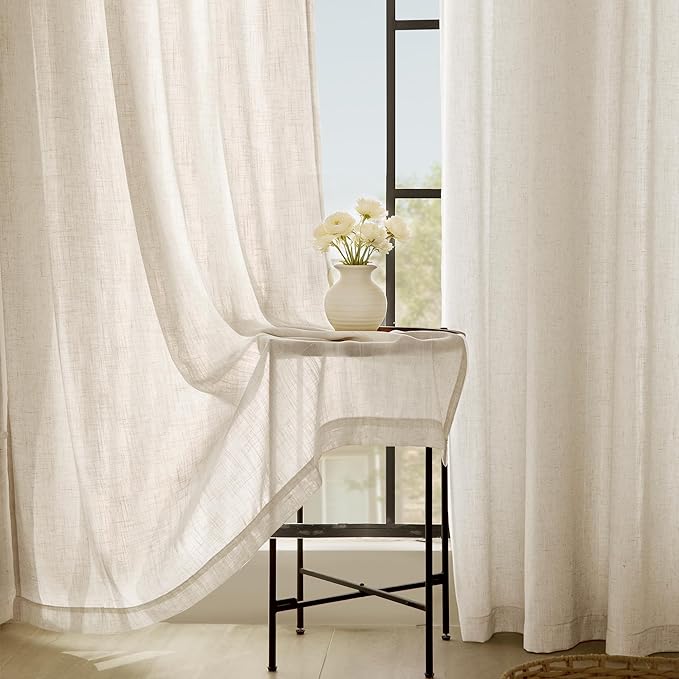 Apricot Linen Curtain 120 inch Length 2 Panels Set Back Tab Light Filtering Living Room Curtain Drapes Home Office Modern Minimalist Decor Farmhouse Boho Neutral Cream Semi Sheer Curtain 120 inch Long