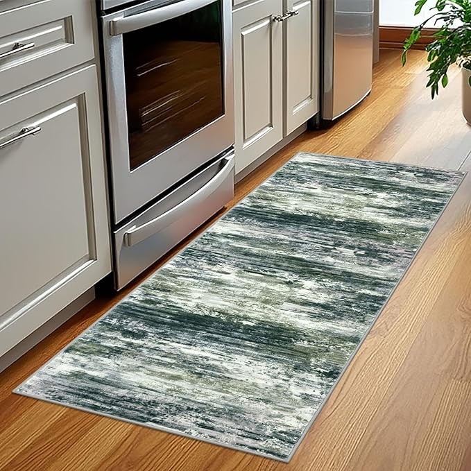 KOZYFLY Kitchen Runner Rug for Hallway Non-Slip Modern Abstract Runner Rug 2x5 Green Yellow, Washable Carpet Runner Laundry Room Mat with Soft Low Pile for Entryway Bathroom Bedroom Kitchen