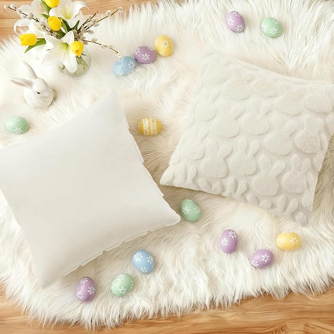 decorUhome Easter Bunny Pillow Covers 20x20 Inch Set of 2, Soft Plush Faux Wool Jacquard Cream White Rabbit Cushion Covers, Farmhouse Neutral Spring Easter Holiday Decor for Couch Sofa Bed