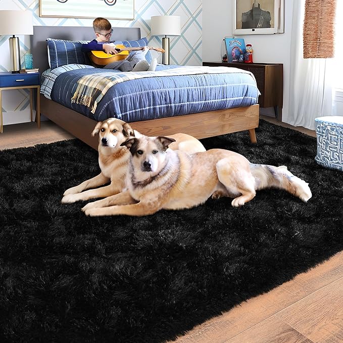 Rugs for Living Room 5x7, Soft Shaggy Modern Shag Black Area Rug for Bedroom, Upgrade Non-Slip Plush Fluffy Carpet for Kids Boys Girls Room Home Decor Aesthetic