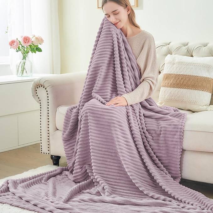 BEDELITE Fleece Throw Blanket for Couch – 3D Ribbed Jacquard Soft and Warm Decorative Fuzzy Blanket – Cozy, Fluffy, Plush Lightweight Dusky Violet Throw Blankets for Bed, Sofa, 50x60 inches