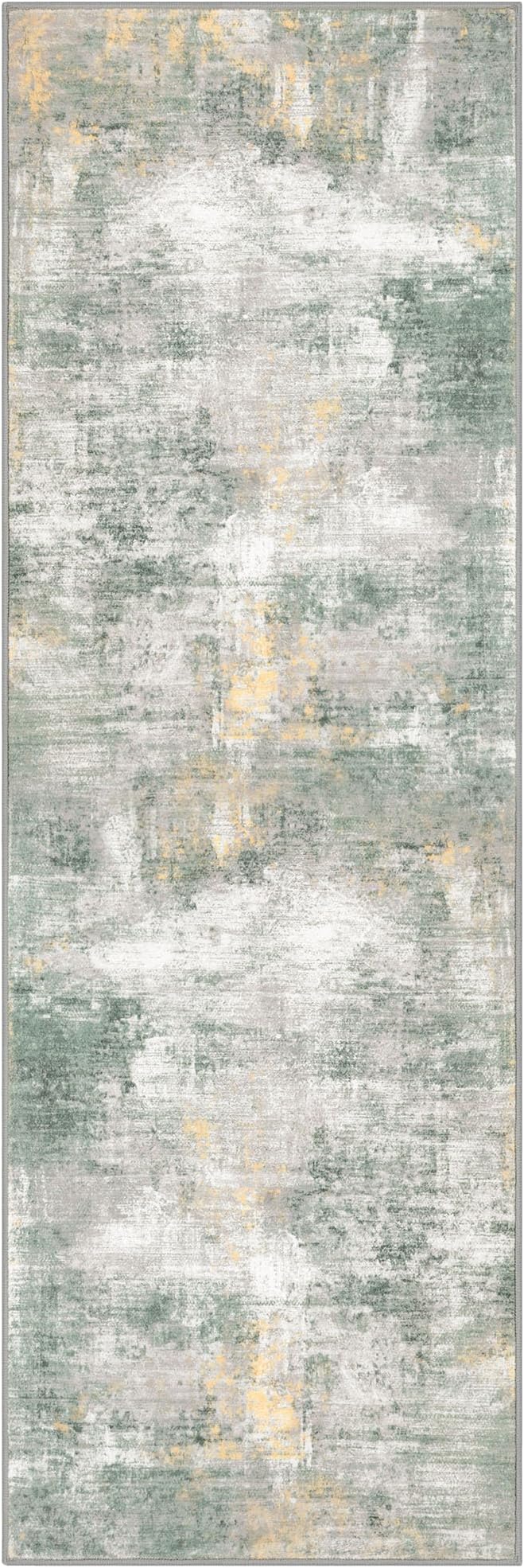 IOHOUZE Abstract Runner Rug 2x6 Ft Washable Runners for Hallways, Non Slip Kitchen Runner Printed Faux Wool Entryway Runner Indoor, Modern Abstract Carpet for Hall Kitchen, Light Green/Gray/Orange