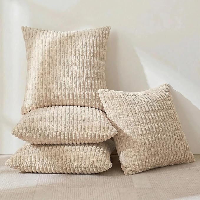 Fancy Homi 4 Packs Tan Decorative Throw Pillow Covers 16x16 Inch for Living Room Couch Bed Sofa, Beige Rustic Farmhouse Boho Home Decor, Soft Plush Striped Corduroy Square Cushion Case 40x40 cm