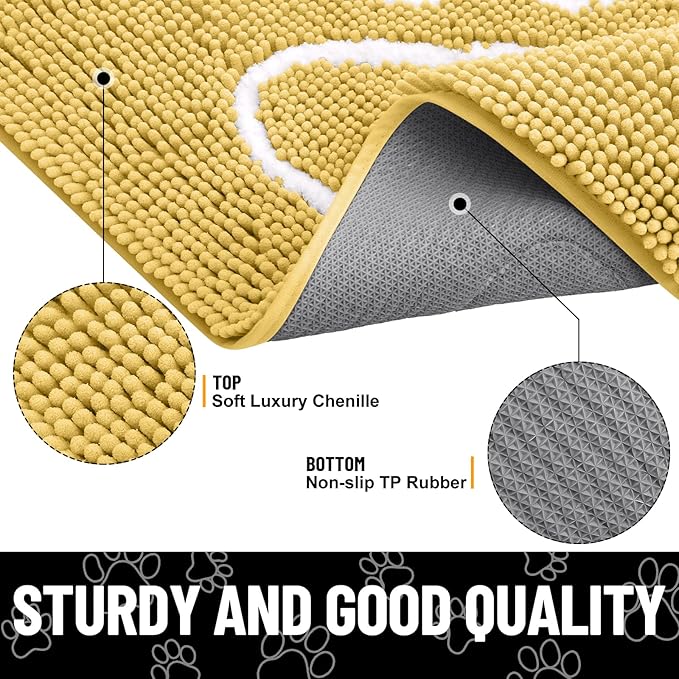 Smiry Dog Door Mat for Muddy Paws, Absorbent Dirt Trapper Non Slip Quick Dry Washable Chenille Mat for Mud Dogs, Entry Rug for Indoor and Outdoor (36x24 Inches, Yellow and White)