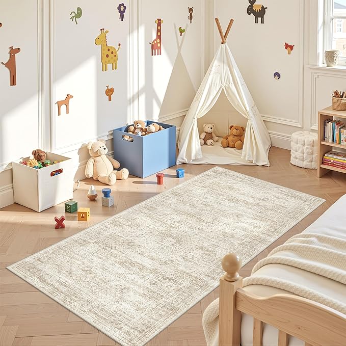 3x8 Runner Rug Non Slip Washable for Entryway, Vintage Hallway Runner for Front Porch, Laundry Room, Bedroom, Abstract Stain Resistant Thin Indoor Kitchen Mats for Floor(3'x8', Beige/Ivory)