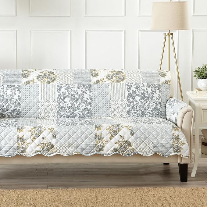Great Bay Home Reversible Patchwork Sofa Cover - Washable Slipcover Furniture Protector with Elastic Straps - Perfect for Kids & Pets - Box-Stitched Detail (Grey)