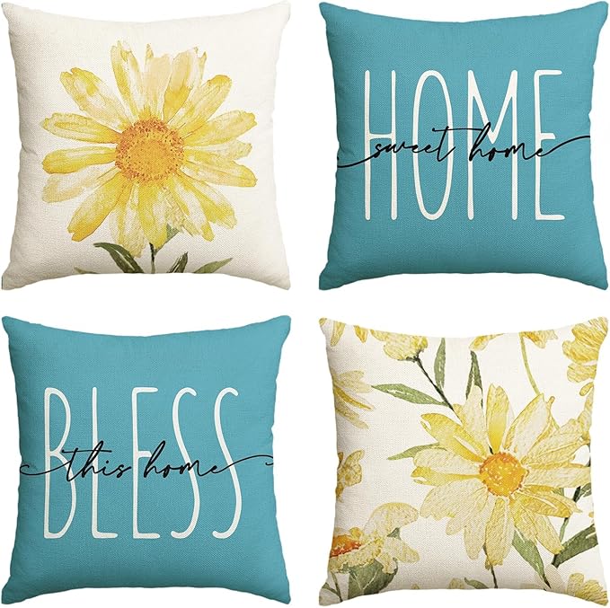 AVOIN colorlife Home Sweet Home Spring Summer Flowers Yellow Throw Pillow Covers, 16 x 16 Inch Blue Cushion Case for Sofa Couch Set of 4