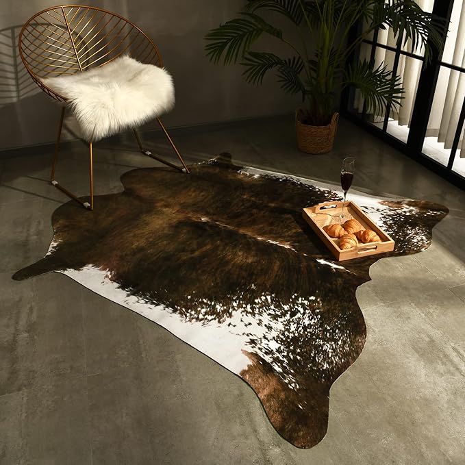 AROGAN Faux Cow Print Rug Large (4ft x 3ft) - Cow Print Area Rug with No-Slip Backing, Large Animal Skin Rugs for Living Room, Offfice, Room Decor, Saddle Brown