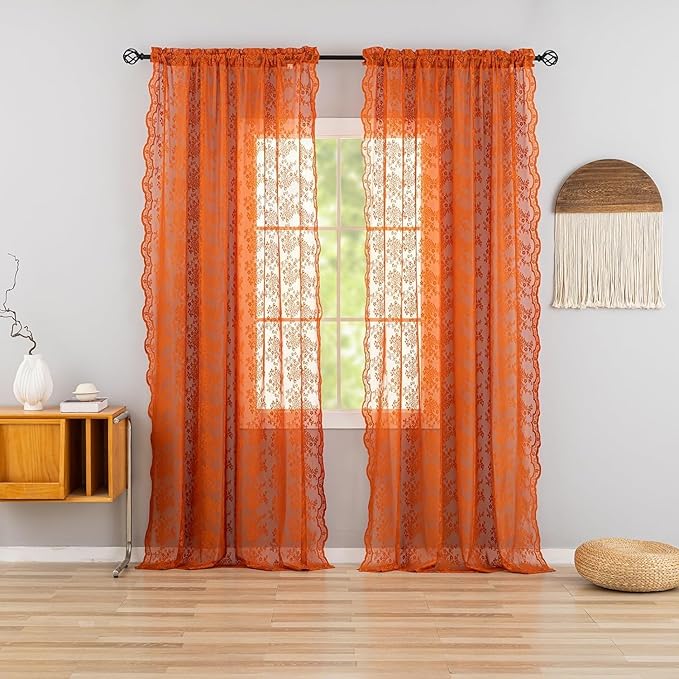 YJ YANJUN Vintage Lace Curtains 72 Inches Long-Rustic Floral Pattern Burnt Orange Sheer Curtain Panels for Dining Room Bay Window Bedroom Privacy Boho Farmhouse Autumn Fall Decor 2 Panels 52W x 72L