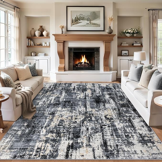 6x9 Area Rugs for Living Room - Washable Rug Modern Abstract Soft Large Neutral Non-Slip Carpet Indoor Floor Thin Carpets for Bedroom Dining Room Farmhouse Nursery Home Office Black Gold
