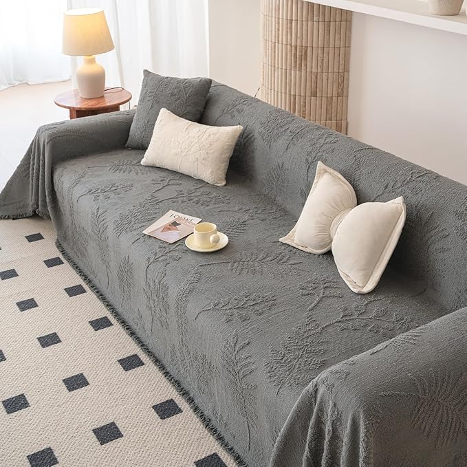 HANDONTIME Washable Couch Covers for Sofa Boho Couch Covers for 3 Cushion Sofa Pet Friendly Grey Chenille Jacquard Couch Protector for Dogs Plant Branch Sectional Cover Sofa Slipcovers, 71" X 134"