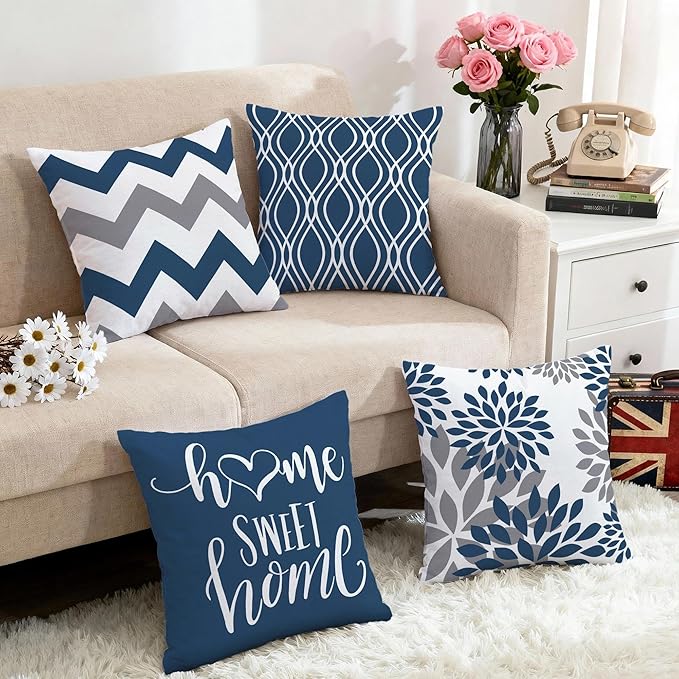 Hexagram Geometric Blue Pillow Covers 16x16 Set of 4, Decorative Outdoor Boho Modern Throw Pillow Covers, Home Sweet Home Farmhouse Cushion Case for Couch Sofa Bedroom Indoor Decor(No Insert)