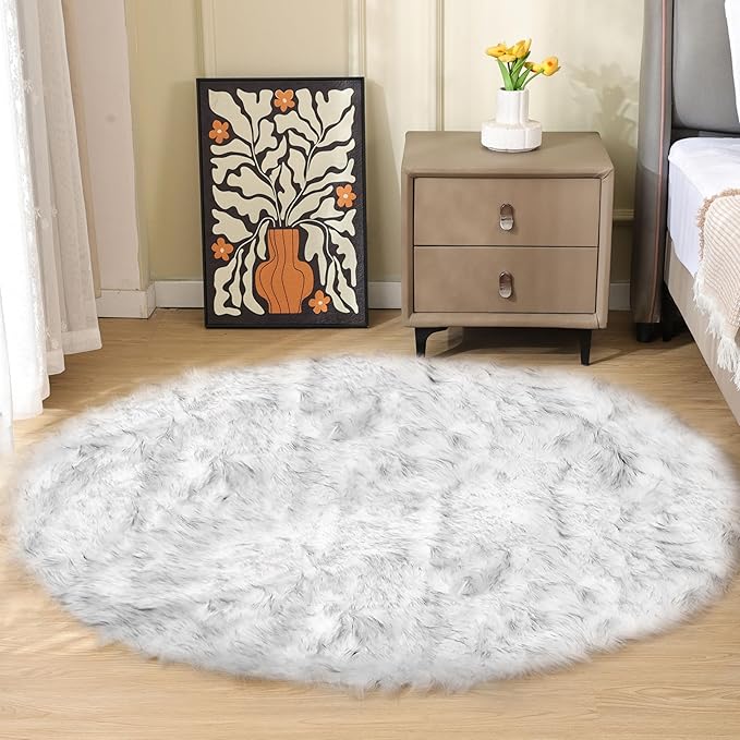 ORINOVA Grey and White Washable Shaggy Round Rug 5ft Circle Faux Sheepskin Furry Fur Rugs for Bedroom Nursery Rug