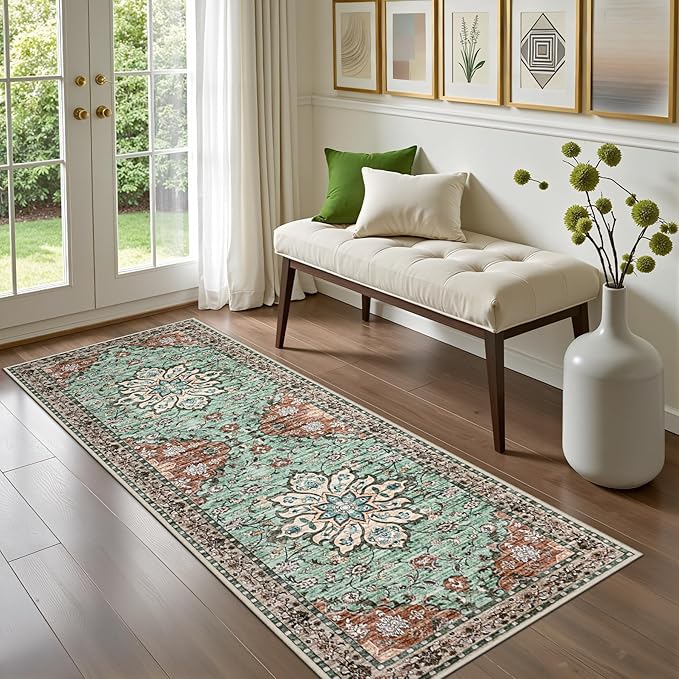 Hallway Runner Rug Non Slip - Washable 2.6x8 Kitchen Rugs for Living Room, Low-Pile Soft Bedroom Rug Indoor Floor Stain Resistant Carpets for Entryway, Laundry, Bathroom Brown Green