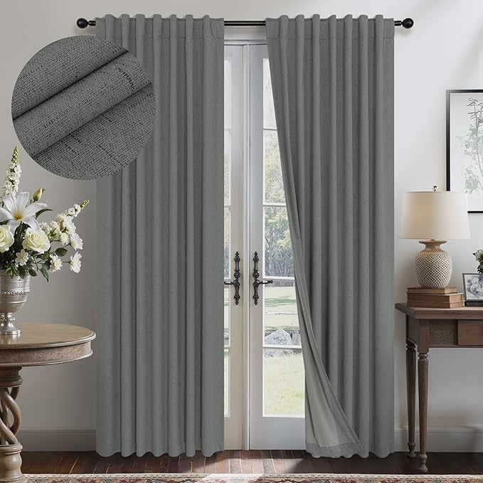 Gray Black Out Curtains 72 Inch Long for Bedroom 2 Panels Set Back Tab Pleated Neutral Boho Linen Textured Dark Grey Room Darkening Saving Energy Efficient Sound Deadening Drapes for Doorway 72 Length