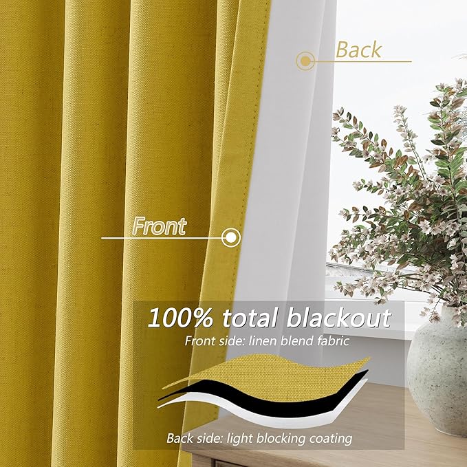 Guken Celery Yellow 100% Blackout Linen Curtains 102 Inch Length 2 Panels Set for Living Room Bedroom Back Tab Rod Pocket Thermal Insulated Black Out Drapes Room Darkening,52x102