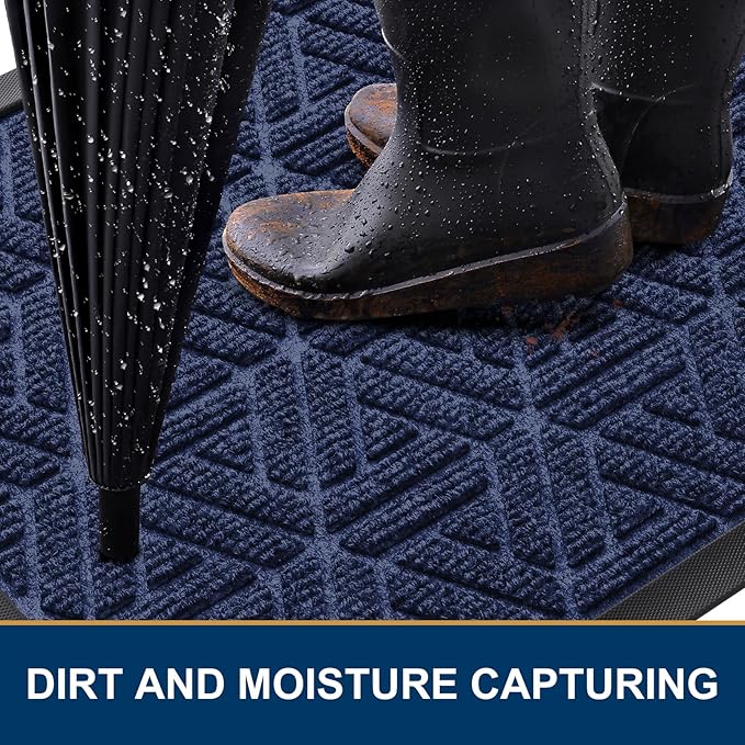 Smiry Front Door Mat Outside Entrance, Heavy Duty Sturdy Natural Rubber Doormat, Trap Dirt and Moisture, Easy Clean Low Profile Mats for Indoor Outdoor Entry, Grid Geometric (71x23, Navy Blue)