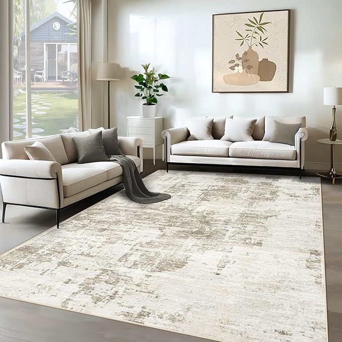 XLUEZ 6x9 Area Rugs for Living Room, Washable Modern Abstract Large Area Rug Neutral Soft Non Slip Kids Rug Stain Resistant Indoor Carpet for Bedroom Nursery Dining Room Playroom(BeigeBrown, 6'x9')