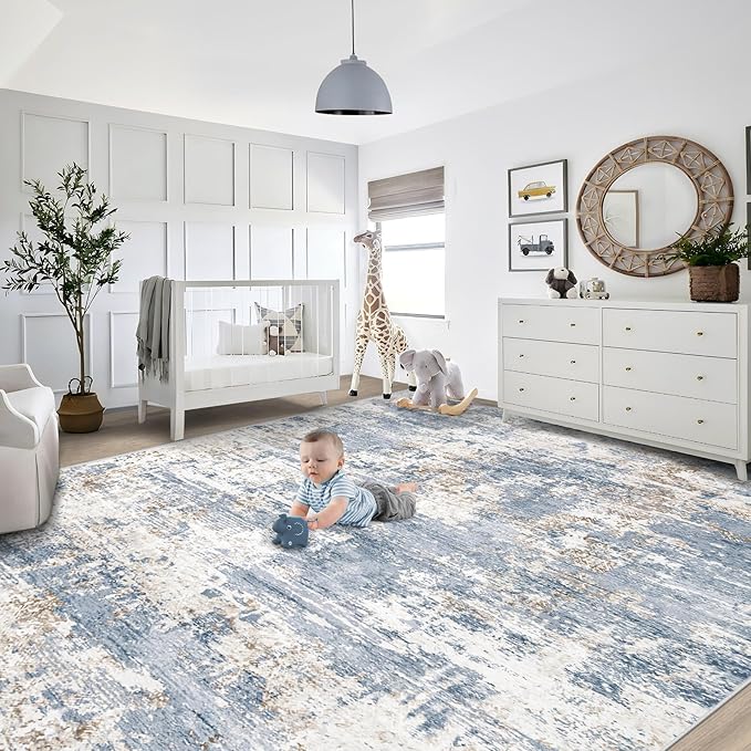 XLUEZ 9x12 Area Rug for Living Room, Washable Modern Abstract Large Area Rug Neutral Soft Non Slip Kids Rug Stain Resistant Indoor Carpet for Bedroom Dining Room Playroom Office(Blue, 9'x12')