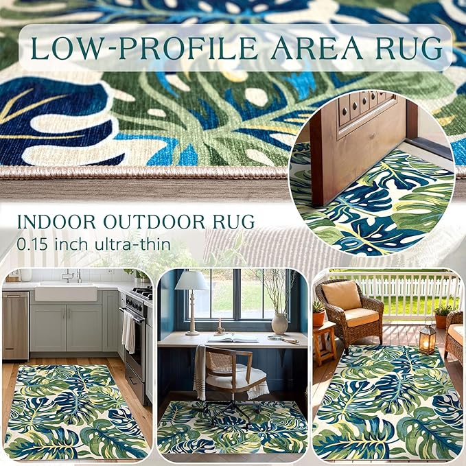 3x5 Botanical Entry Rug - Small Washable Indoor Outdoor Mats for Front Door Non-Slip Porch Rug Spring Tropical Green Leaf Throw Rugs for Living Room Bedroom Entryway Kitchen Office Porch Decor