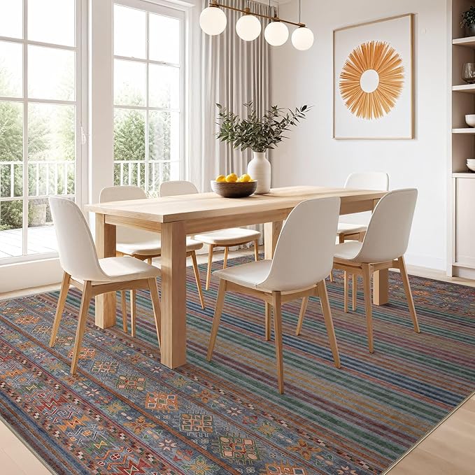 Nakagishi 8X10 Area Rugs Living Room: Washable Large Vintage Rug Neutral Non-Slip Soft Stain Resistant Indoor Carpet for Bedroom Nursery Dining Room Office Playroom - Multi Color